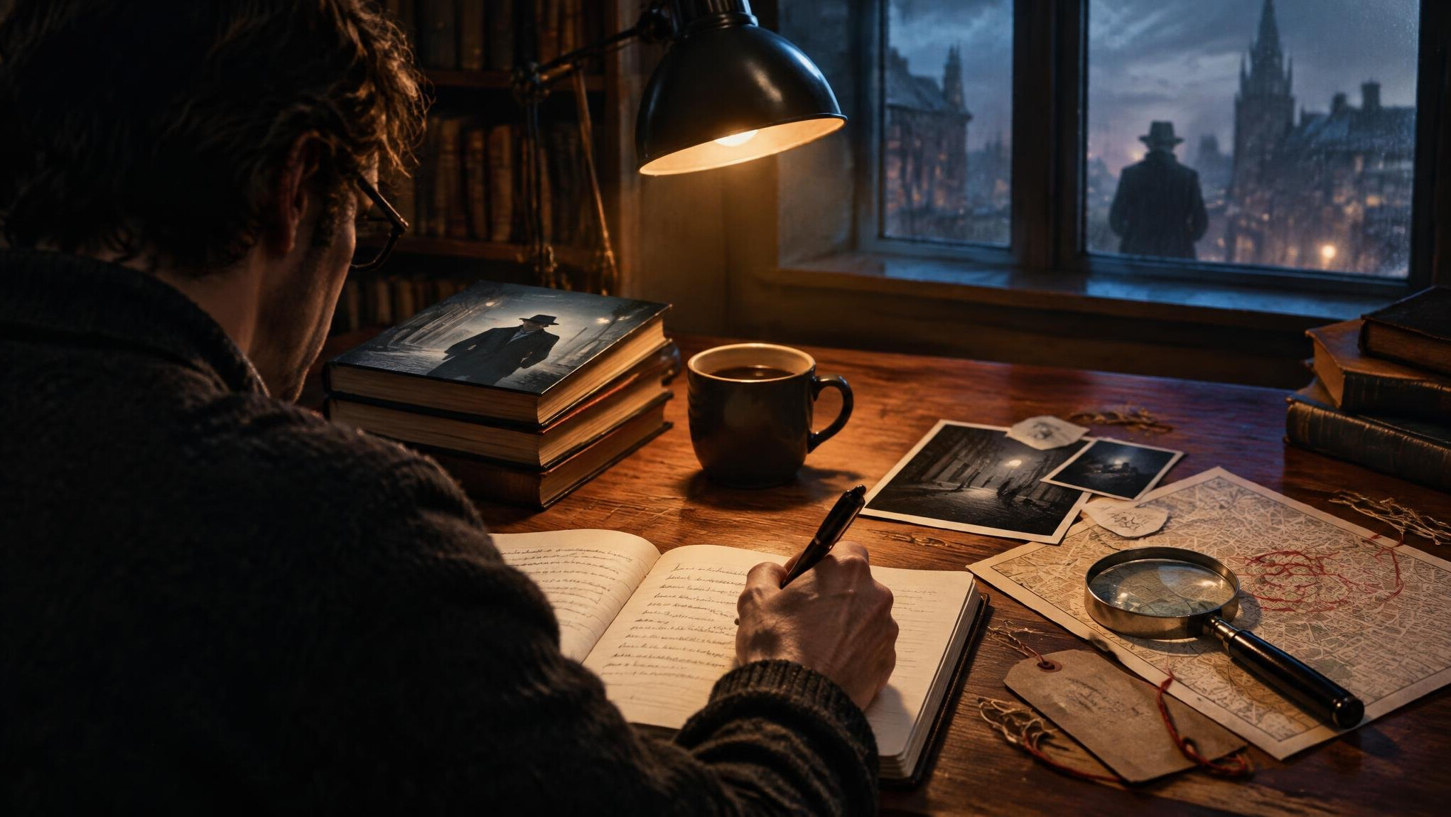 mystery writer at desk