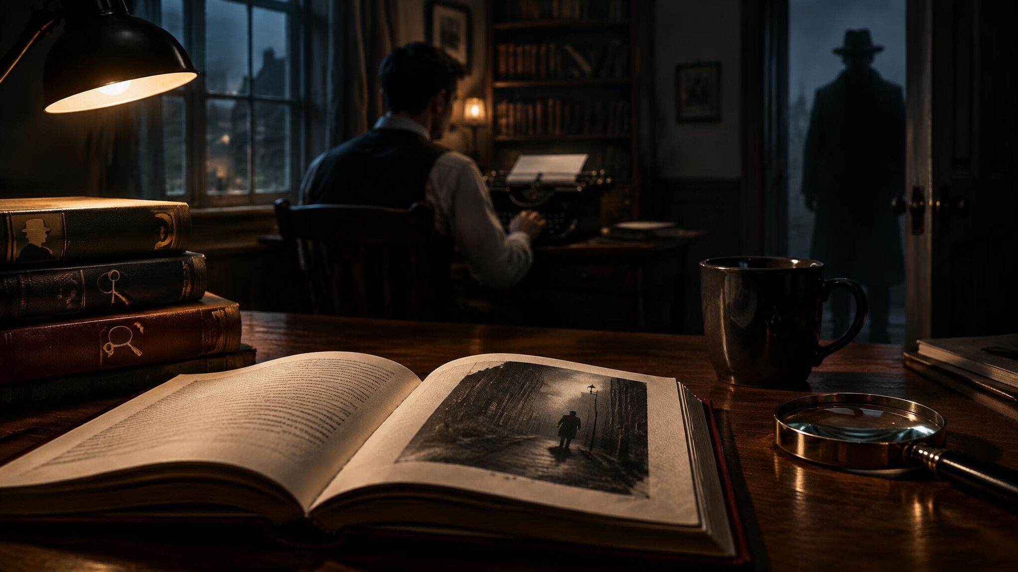 open mystery novel on table