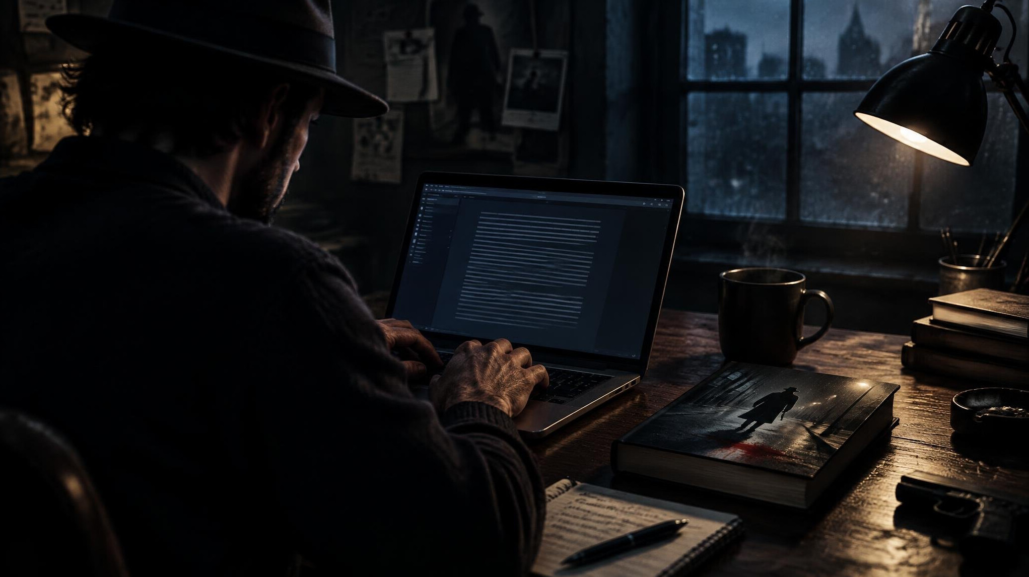 mystery writer at desk