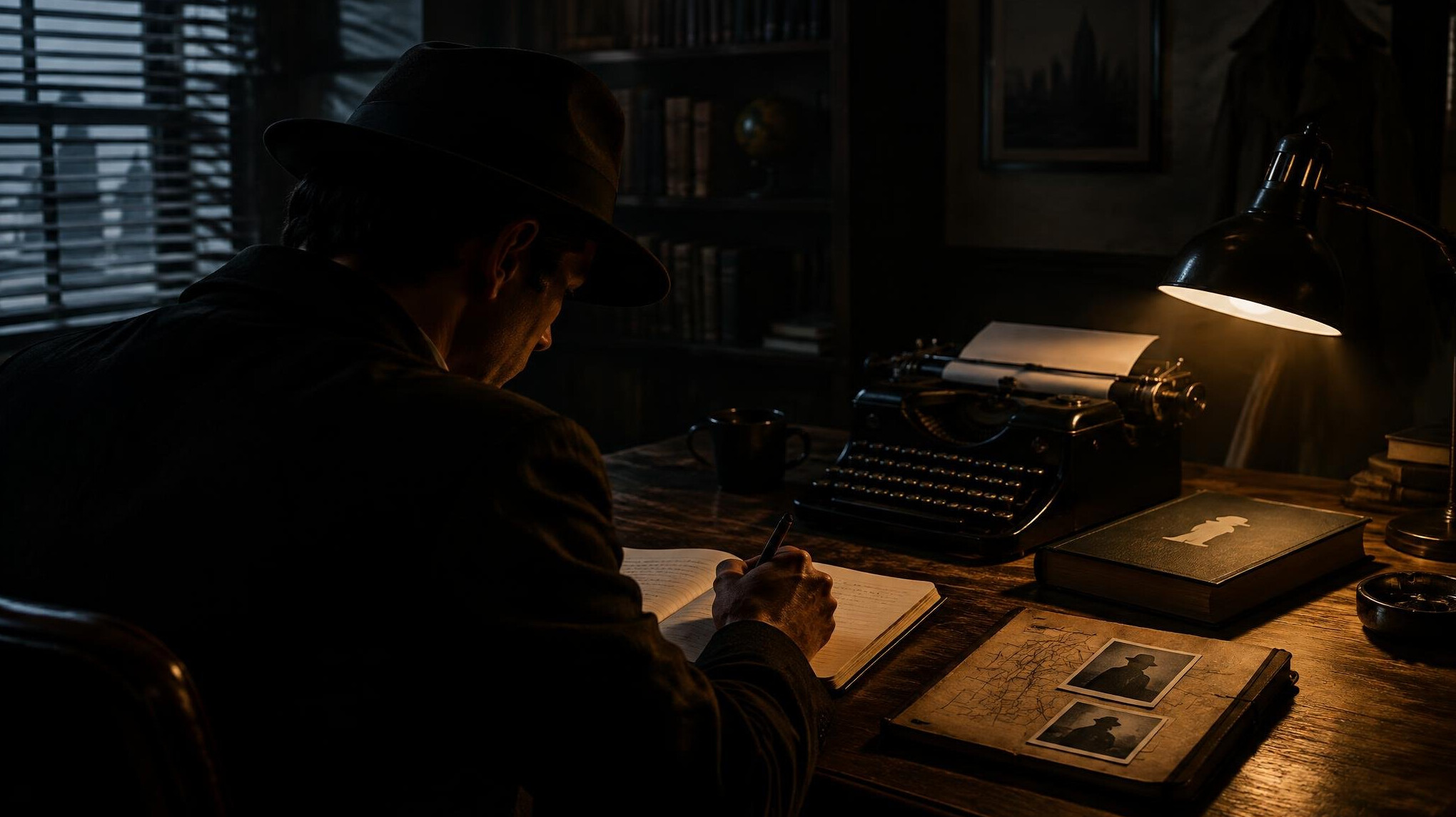 mystery writer at desk