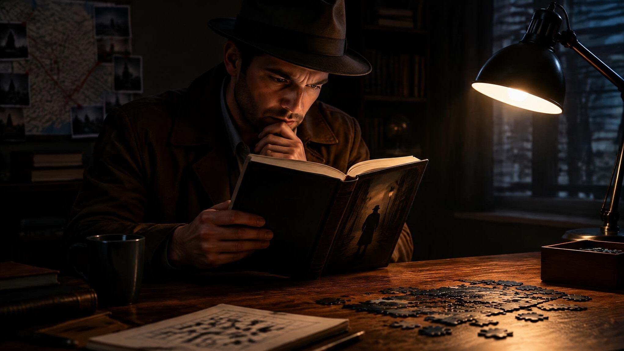 detective reading mystery book